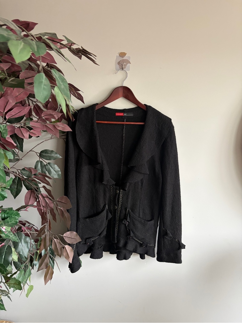 Black Women's Ruffled Open Cardigan Sweater